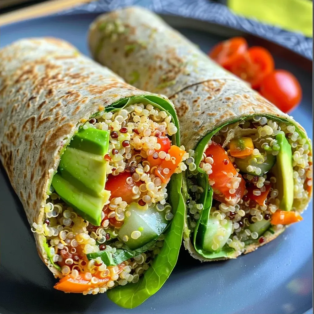 ['Close-up view of a vegetarian wrap with quinoa, feta, and avocado.', 'Side angle of a delicious vegetarian wrap filled with quinoa and garnished with seeds.', 'Detailed shot of a quinoa wrap showcasing avocado slices and feta cheese.', 'Vibrant vegetarian wrap highlighting fresh ingredients like avocado and pumpkin seeds.']