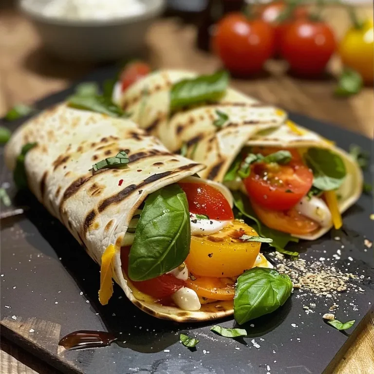 ['A close-up view of a vegetarian wrap filled with tomatoes and mozzarella, showcasing fresh ingredients.', 'Side angle of a delicious vegetarian wrap containing vibrant tomatoes and creamy mozzarella.', 'Juicy vegetarian tortilla wrap filled with fresh mozzarella, ripe tomatoes, and basil leaves.', 'An appetizing vegetarian wrap presented with colorful tomato slices and mozzarella, garnished with basil.']