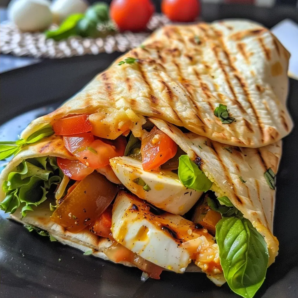 ['A close-up view of a vegetarian wrap filled with tomatoes and mozzarella, showcasing fresh ingredients.', 'Side angle of a delicious vegetarian wrap containing vibrant tomatoes and creamy mozzarella.', 'Juicy vegetarian tortilla wrap filled with fresh mozzarella, ripe tomatoes, and basil leaves.', 'An appetizing vegetarian wrap presented with colorful tomato slices and mozzarella, garnished with basil.']