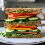 ['Close-up of a vegetarian sandwich with colorful ingredients on whole grain bread.', 'Side view of a stacked vegetarian sandwich filled with fresh vegetables and hummus.', 'Juicy vegetarian sandwich showcasing avocado, cucumber, and tomatoes.', 'Detailed image of a wholesome vegetarian sandwich with spinach and bell pepper.']