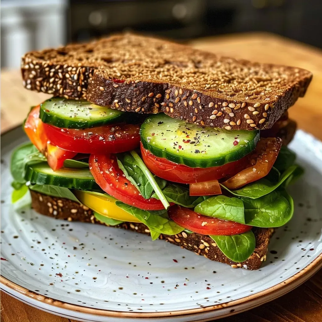 ['Close-up of a vegetarian sandwich with colorful ingredients on whole grain bread.', 'Side view of a stacked vegetarian sandwich filled with fresh vegetables and hummus.', 'Juicy vegetarian sandwich showcasing avocado, cucumber, and tomatoes.', 'Detailed image of a wholesome vegetarian sandwich with spinach and bell pepper.']