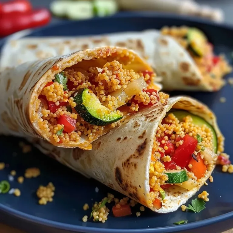 ['Juicy wraps filled with couscous and colorful vegetables, displayed in a close-up view.', 'A side view of a gourmet wrap showcasing couscous, peppers, and zucchini, captured with an iPhone.', 'Close-up photo of delicious wraps with vibrant vegetable and couscous filling, taken from the side.', 'A detailed side view of a wrap loaded with fresh veggies and couscous, emphasizing texture and ingredients.']