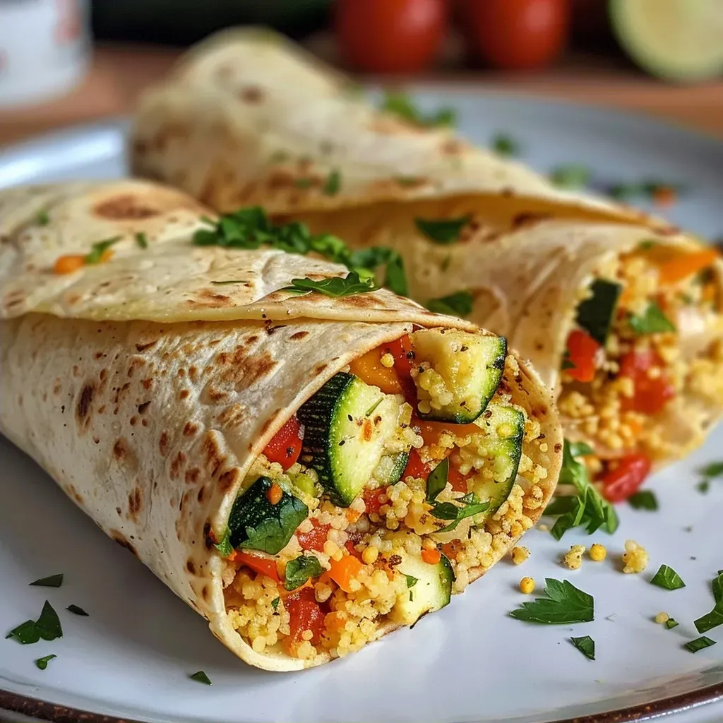 ['Juicy wraps filled with couscous and colorful vegetables, displayed in a close-up view.', 'A side view of a gourmet wrap showcasing couscous, peppers, and zucchini, captured with an iPhone.', 'Close-up photo of delicious wraps with vibrant vegetable and couscous filling, taken from the side.', 'A detailed side view of a wrap loaded with fresh veggies and couscous, emphasizing texture and ingredients.']