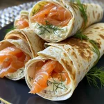 ['Close-up of wraps filled with smoked salmon and cream cheese, showcasing fresh ingredients.', 'Side view of a delicious smoked salmon wrap with cream cheese and herbs, highlighting vibrant colors.', 'Juicy wraps featuring salmon and cream cheese, arranged with dill for garnish against a neutral background.', 'A close-up shot of a salmon wrap, with a focus on the creamy filling and fresh herbs.']
