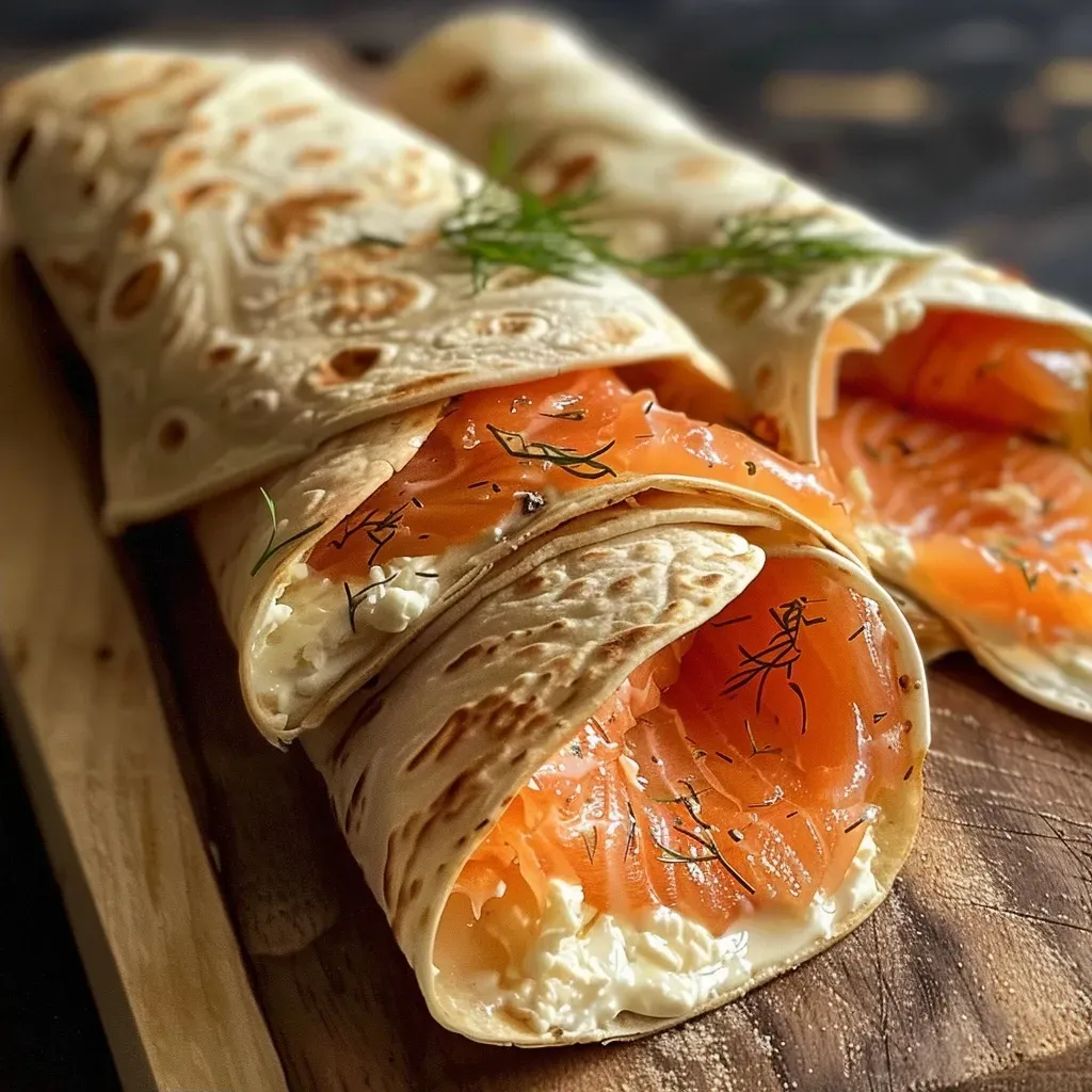 Close-up of wraps filled with smoked salmon and cream cheese, showcasing fresh ingredients.