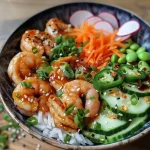 ['Close-up view of a spicy shrimp rice bowl with colorful vegetables and shrimp.', 'Delicious spicy shrimp rice bowl featuring vibrant toppings and sauces.', 'Side view of a rice bowl filled with shrimp, edamame, and fresh vegetables.', 'Juicy shrimp rice bowl garnished with cilantro, sesame seeds, and spicy mayo.']