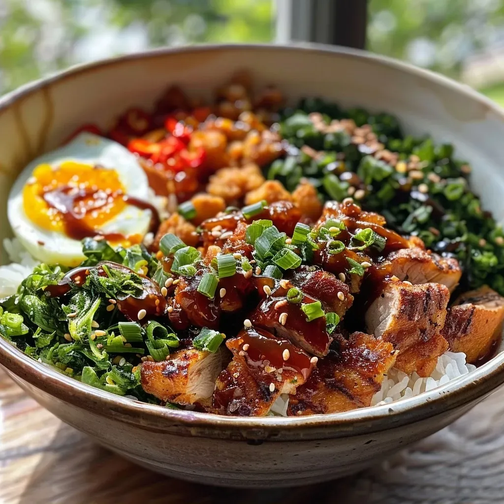 ['Close-up view of a spicy chicken bowl with rice, vegetables, and creamy sauce.', 'Delicious Würzige Hähnchen Bowl featuring chicken, rice, and colorful veggies.', 'Side view of a flavorful chicken bowl garnished with fresh vegetables and sauce.', 'Juicy chicken bowl with rice and a creamy dressing, highlighting vibrant ingredients.']