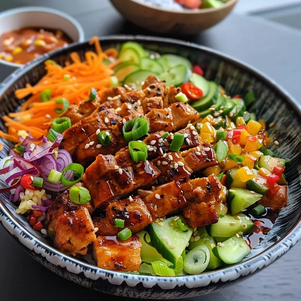 Close-up view of a vibrant Würzige Hähnchen Bowl featuring grilled chicken, fresh vegetables, and creamy sauce.