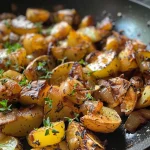 ['Close-up view of a vibrant dish featuring potatoes and green beans.', 'Side view of a skillet filled with sautéed potatoes and green beans.', 'Juicy Würzige Kartoffel grüne Bohnen Pfanne on a wooden table.', 'Colorful potato and green bean stir-fry presented in a frying pan.']