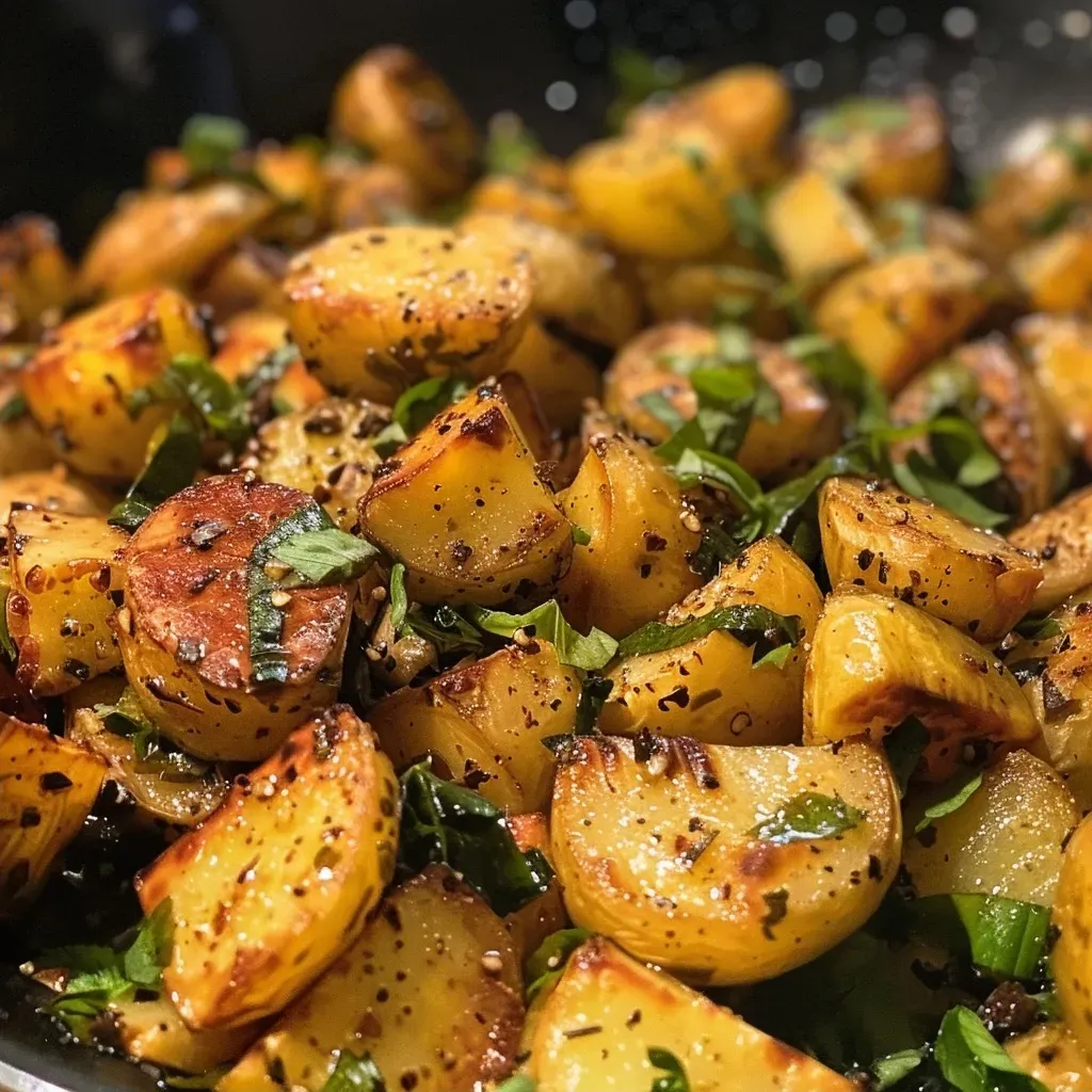 ['Close-up view of a vibrant dish featuring potatoes and green beans.', 'Side view of a skillet filled with sautéed potatoes and green beans.', 'Juicy Würzige Kartoffel grüne Bohnen Pfanne on a wooden table.', 'Colorful potato and green bean stir-fry presented in a frying pan.']