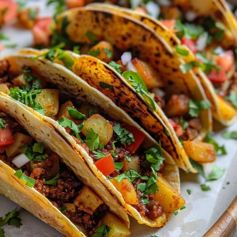 ['Close-up view of spicy potato tacos with vibrant toppings.', 'Side view of potato tacos filled with ingredients and garnished with cilantro.', 'Juicy potato tacos, showcasing their colorful filling and tortilla texture.', 'Detailed shot of spiced potato tacos with jalapeño and pico de gallo.']