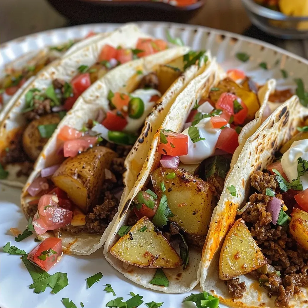 Close-up view of spicy potato tacos with vibrant toppings.
