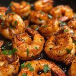 ['Close-up view of grilled shrimp, glistening with spices and garnished with parsley.', 'Juicy, seasoned shrimp displayed on a plate, showcasing a vibrant color and texture.', 'Oven-grilled shrimp arranged artistically, highlighting their golden-brown crust.', 'Side view of plump shrimp, glistening with melted butter and spices.']