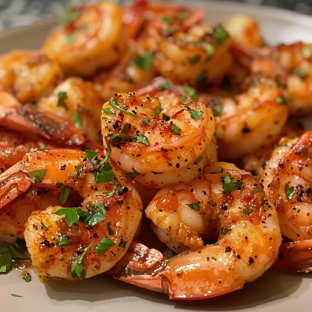 Close-up view of grilled shrimp, glistening with spices and garnished with parsley.