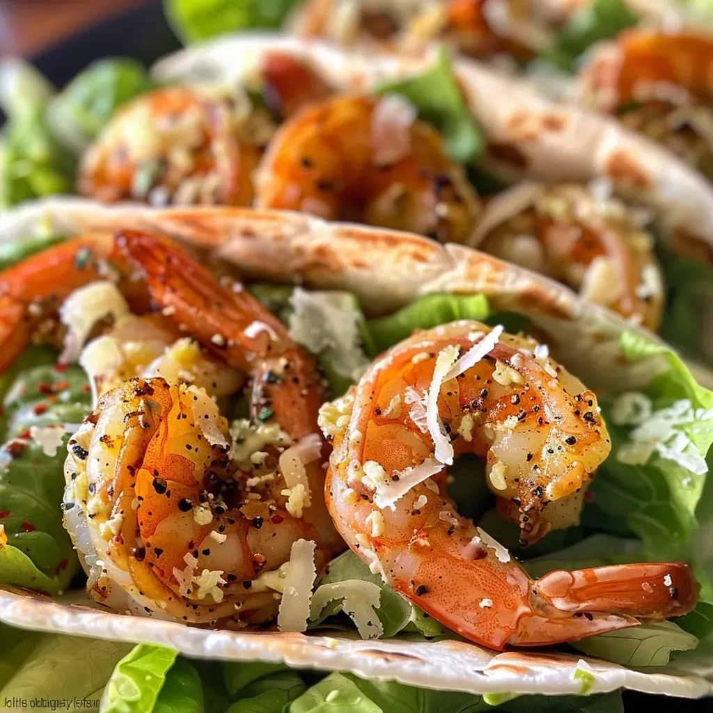 ['Close-up view of a zesty grilled shrimp caesar wrap with vibrant greens and creamy dressing.', 'A side perspective of a delicious shrimp caesar wrap showcasing juicy shrimp and fresh lettuce.', 'Detailed image of a grilled shrimp caesar wrap, highlighting the colorful ingredients and tortilla.', 'Juicy grilled shrimp caesar wrap presented from the side, emphasizing the fresh and vibrant fillings.']