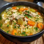 ['Close-up view of a bowl of lemon chicken soup with visible carrots and chicken pieces.', 'Side view of a steaming bowl of lemon chicken soup garnished with lemon slices.', 'Juicy, golden lemon chicken soup filled with orzo pasta and vegetables.', 'Delicious lemon chicken soup in a bowl, showcasing vibrant colors and textures.']
