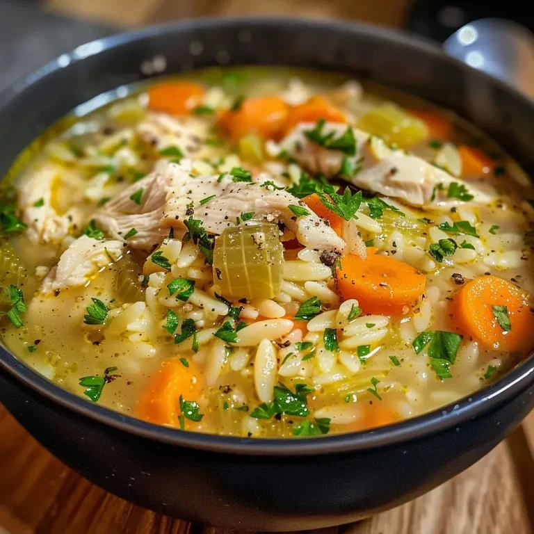 ['Close-up view of a bowl of lemon chicken soup with visible carrots and chicken pieces.', 'Side view of a steaming bowl of lemon chicken soup garnished with lemon slices.', 'Juicy, golden lemon chicken soup filled with orzo pasta and vegetables.', 'Delicious lemon chicken soup in a bowl, showcasing vibrant colors and textures.']