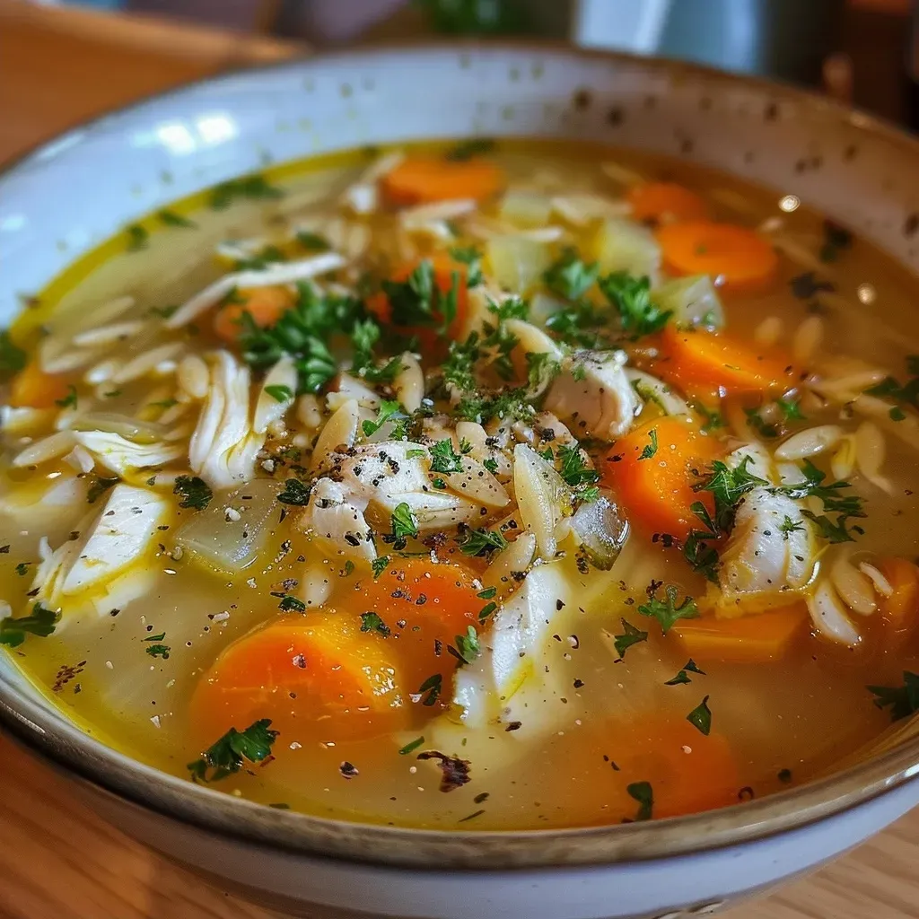 Close-up view of a bowl of lemon chicken soup with visible carrots and chicken pieces.