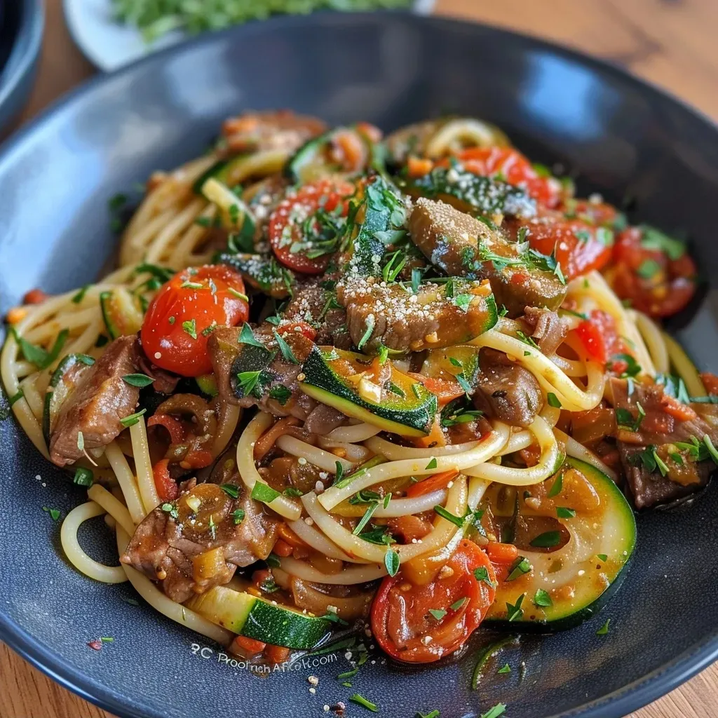 ['Close-up view of a vibrant zucchini and ground meat pasta dish garnished with fresh tomatoes.', 'Juicy spaghetti topped with zucchini and ground beef, showcasing a colorful and appetizing arrangement.', 'Side view of a delicious bowl of zucchini and meat pasta, highlighting its fresh ingredients and textures.', 'Detailed shot of a plate of spaghetti with zucchini and ground meat, with bright cocktail tomatoes scattered on top.']