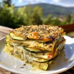 ['Juicy Zucchini Hüttenkäse Auflauf displayed in a close-up shot.', 'Side view of a delicious zucchini and cottage cheese casserole.', 'Close-up image of a baked zucchini dish with cheese on top.', 'Vibrant zucchini and cottage cheese bake with golden crust.']