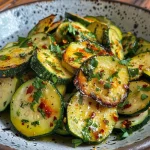 ['Close-up view of a colorful zucchini and chickpea stir-fry garnished with herbs.', 'A vibrant dish featuring sautéed zucchini, chickpeas, and bell peppers in a bowl.', 'Detailed look at a cooked zucchini and chickpea mix with visible garlic and spices.', 'Side view of a delicious vegetarian dish with zucchini, chickpeas, and tomatoes.']