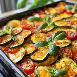 ['Close-up of Zucchini Paprika Auflauf, showcasing layers of zucchini and red peppers topped with melted cheese.', 'Side view of a baked Zucchini Paprika casserole, featuring vibrant red and green vegetables and a cheesy topping.', 'A delicious slice of Zucchini Paprika Auflauf displayed, highlighting the colorful vegetables under a golden crust.', 'Juicy Zucchini Paprika casserole in a dish, garnished with fresh herbs and ready to serve.']