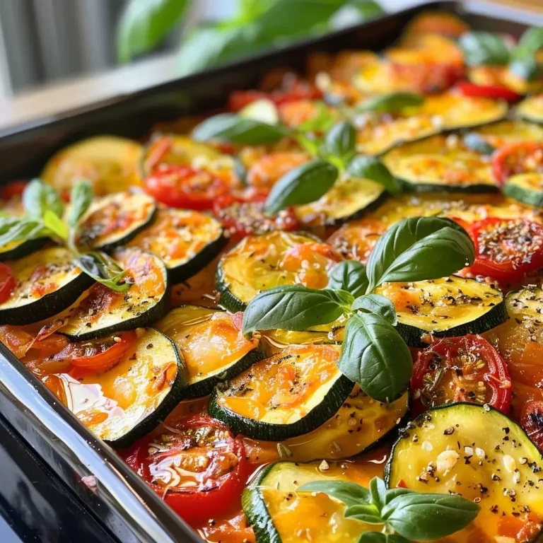 ['Close-up of Zucchini Paprika Auflauf, showcasing layers of zucchini and red peppers topped with melted cheese.', 'Side view of a baked Zucchini Paprika casserole, featuring vibrant red and green vegetables and a cheesy topping.', 'A delicious slice of Zucchini Paprika Auflauf displayed, highlighting the colorful vegetables under a golden crust.', 'Juicy Zucchini Paprika casserole in a dish, garnished with fresh herbs and ready to serve.']