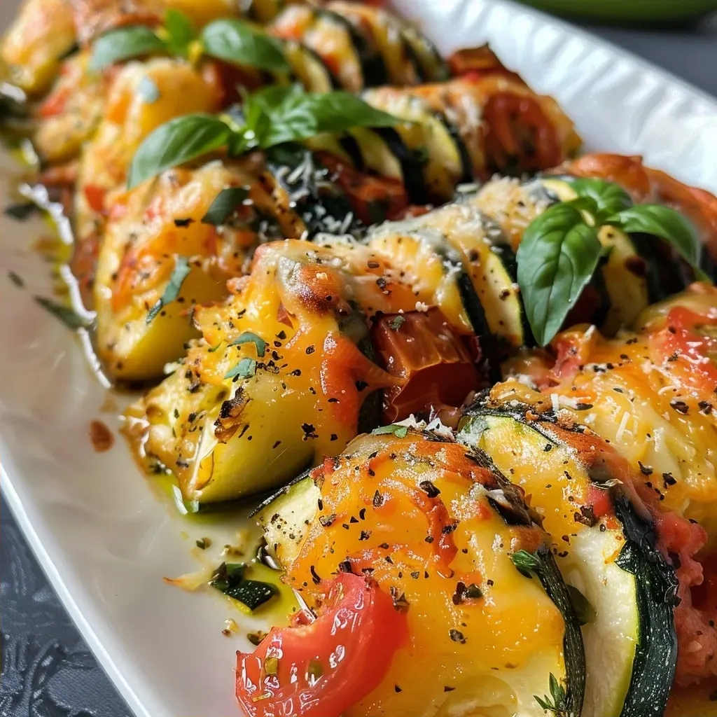 Close-up of Zucchini Paprika Auflauf, showcasing layers of zucchini and red peppers topped with melted cheese.
