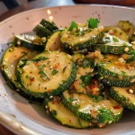 ['Close-up view of a sizzling zucchini dish cooked with onions and cilantro.', 'Juicy zucchini sautéed with herbs and spices, showcasing a vibrant green color.', 'Side view of a colorful zucchini pan filled with fresh vegetables ready to serve.', 'Appetizing zucchini stir-fry, highlighting the glossy texture and vibrant ingredients.']