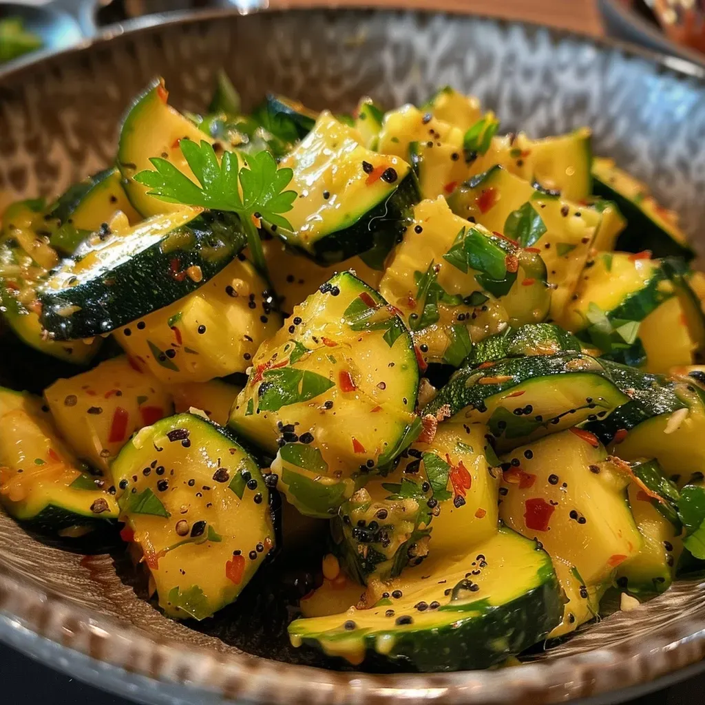 ['Close-up view of a sizzling zucchini dish cooked with onions and cilantro.', 'Juicy zucchini sautéed with herbs and spices, showcasing a vibrant green color.', 'Side view of a colorful zucchini pan filled with fresh vegetables ready to serve.', 'Appetizing zucchini stir-fry, highlighting the glossy texture and vibrant ingredients.']