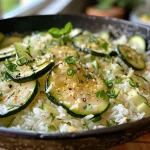 ['Close-up view of a vibrant zucchini rice dish with vegetables.', 'Side view of zucchini rice with chopped vegetables and spices.', 'Juicy zucchini rice pan filled with fresh veggies and herbs.', 'Colorful presentation of zucchini rice featuring diced zucchini and onions.']
