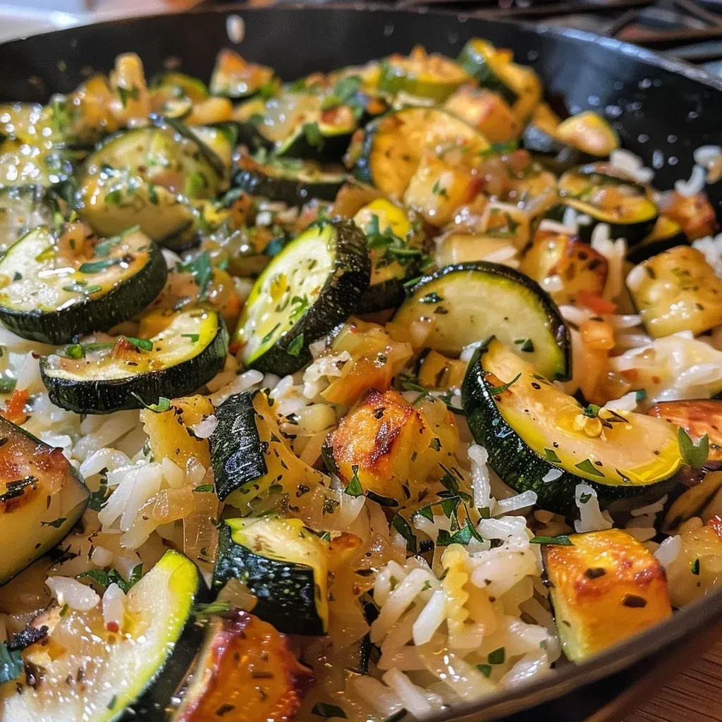 ['Close-up view of a vibrant zucchini rice dish with vegetables.', 'Side view of zucchini rice with chopped vegetables and spices.', 'Juicy zucchini rice pan filled with fresh veggies and herbs.', 'Colorful presentation of zucchini rice featuring diced zucchini and onions.']