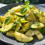 ['Close-up view of a colorful zucchini salad with carrots and apples.', 'Side view of a fresh zucchini salad garnished with herbs.', 'Juicy zucchini salad featuring grated carrots and diced apples.', 'Vibrant zucchini salad presented in a rustic bowl.']