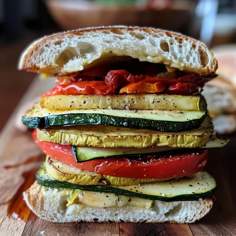 ['Close-up of a roasted zucchini sandwich featuring layers of zucchini, red peppers, and tofu.', 'Side view of a juicy zucchini sandwich with bright red bell peppers and sun-dried tomatoes.', 'A delicious ciabatta sandwich filled with roasted zucchini, peppers, and drizzled with balsamic reduction.', 'Tasty zucchini sandwich stacked with grilled vegetables and tofu, served on ciabatta bread.']