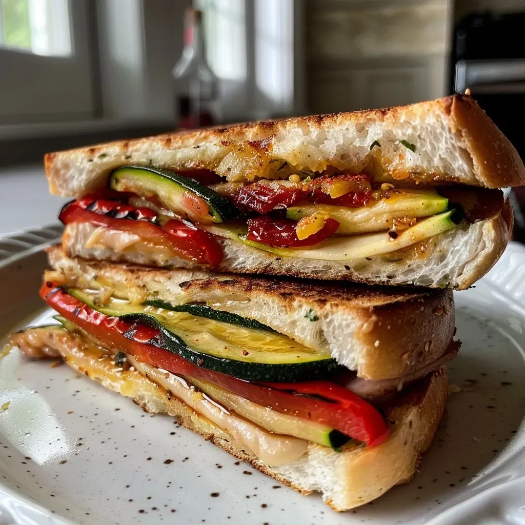 ['Close-up of a roasted zucchini sandwich featuring layers of zucchini, red peppers, and tofu.', 'Side view of a juicy zucchini sandwich with bright red bell peppers and sun-dried tomatoes.', 'A delicious ciabatta sandwich filled with roasted zucchini, peppers, and drizzled with balsamic reduction.', 'Tasty zucchini sandwich stacked with grilled vegetables and tofu, served on ciabatta bread.']