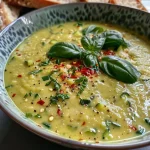 ['Close-up of a bowl of Zucchini Sommersuppe garnished with fresh basil.', 'Side view of a vibrant green zucchini soup with crispy garlic bread on the side.', 'Juicy Zucchini soup in a bowl, showcasing a creamy texture and colorful toppings.', 'Freshly made zucchini soup in a bowl, accompanied by slices of toasted baguette.']