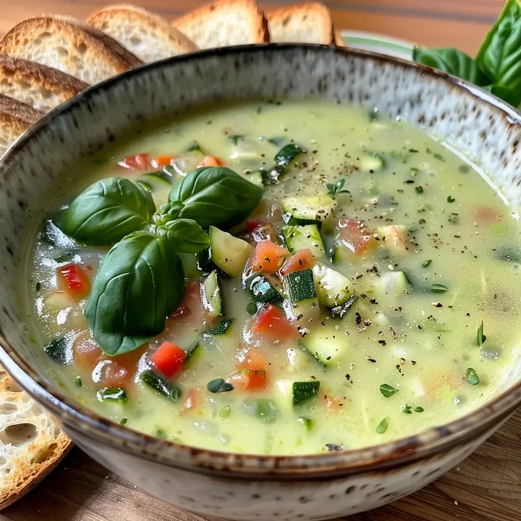 ['Close-up of a bowl of Zucchini Sommersuppe garnished with fresh basil.', 'Side view of a vibrant green zucchini soup with crispy garlic bread on the side.', 'Juicy Zucchini soup in a bowl, showcasing a creamy texture and colorful toppings.', 'Freshly made zucchini soup in a bowl, accompanied by slices of toasted baguette.']