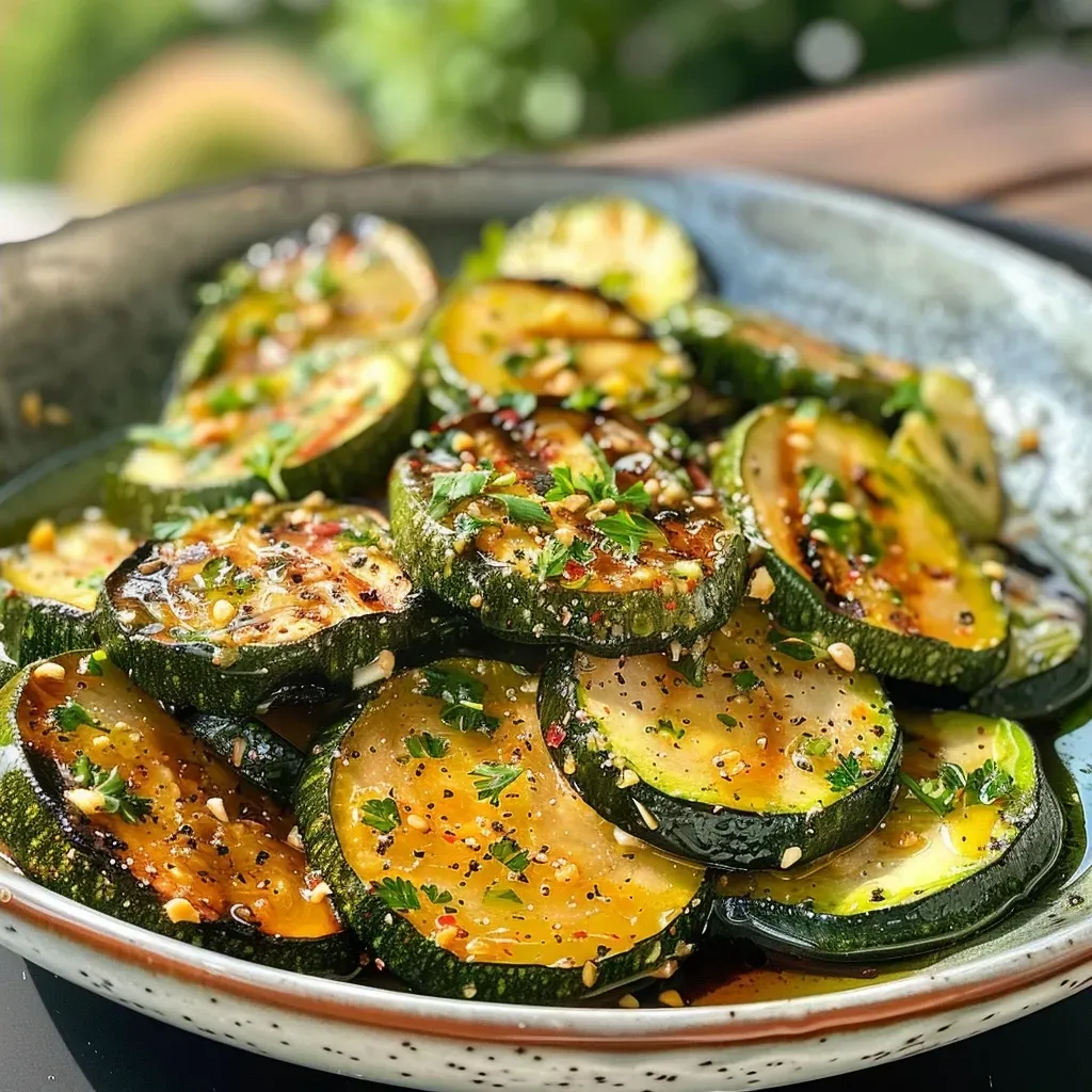 ['A close-up view of a vibrant Zucchini salad with various ingredients.', 'Side view of a refreshing Zucchini salad glistening with dressing.', 'Juicy Zucchini salad served in a bowl, showcasing its fresh ingredients.', 'Detailed close-up of Zucchini salad with balsamic dressing and herbs.']