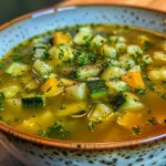 ['Close-up of a bowl of creamy Zucchini soup garnished with herbs.', 'Side view of a vibrant green Zucchini soup in a stylish bowl.', 'Freshly made Zucchini soup with visible pieces of vegetables and a drizzle of cream.', 'Thick, smooth Zucchini soup served with a sprinkle of black pepper in a rustic bowl.']