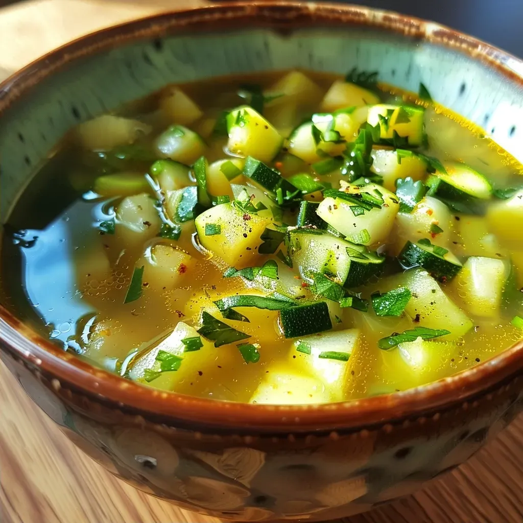 ['Close-up of a bowl of creamy Zucchini soup garnished with herbs.', 'Side view of a vibrant green Zucchini soup in a stylish bowl.', 'Freshly made Zucchini soup with visible pieces of vegetables and a drizzle of cream.', 'Thick, smooth Zucchini soup served with a sprinkle of black pepper in a rustic bowl.']