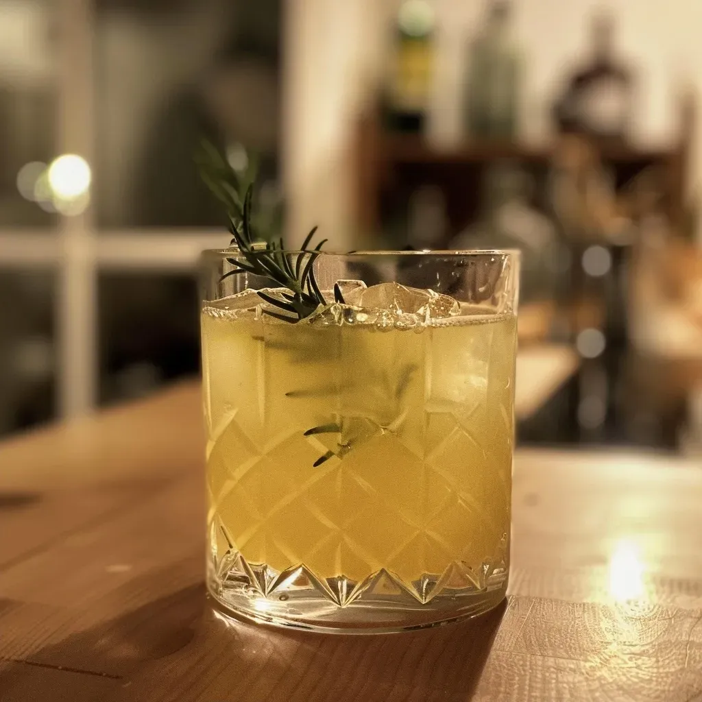 A refreshing non-alcoholic pear cocktail garnished with rosemary and served in a glass.