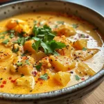 ['Close-up view of Apfel-Curry-Suppe in a bowl, highlighting its creamy texture and vibrant color.', 'Side view of a steaming bowl of Apfel-Curry-Suppe with garnishes, showcasing its rich ingredients.', 'Dish of Apfel-Curry-Suppe with visible pieces of apple and herbs, against a soft-focus background.', 'Detailed shot of Apfel-Curry-Suppe, featuring a creamy consistency and vibrant curry color.']