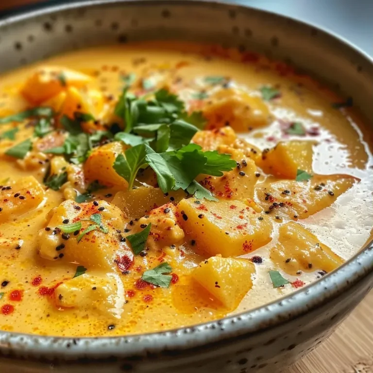 ['Close-up view of Apfel-Curry-Suppe in a bowl, highlighting its creamy texture and vibrant color.', 'Side view of a steaming bowl of Apfel-Curry-Suppe with garnishes, showcasing its rich ingredients.', 'Dish of Apfel-Curry-Suppe with visible pieces of apple and herbs, against a soft-focus background.', 'Detailed shot of Apfel-Curry-Suppe, featuring a creamy consistency and vibrant curry color.']