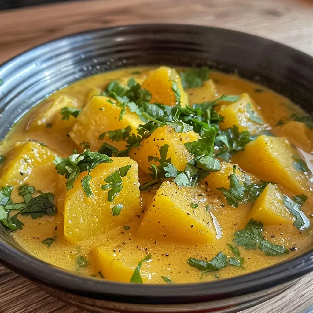 ['Close-up view of Apfel-Curry-Suppe in a bowl, highlighting its creamy texture and vibrant color.', 'Side view of a steaming bowl of Apfel-Curry-Suppe with garnishes, showcasing its rich ingredients.', 'Dish of Apfel-Curry-Suppe with visible pieces of apple and herbs, against a soft-focus background.', 'Detailed shot of Apfel-Curry-Suppe, featuring a creamy consistency and vibrant curry color.']
