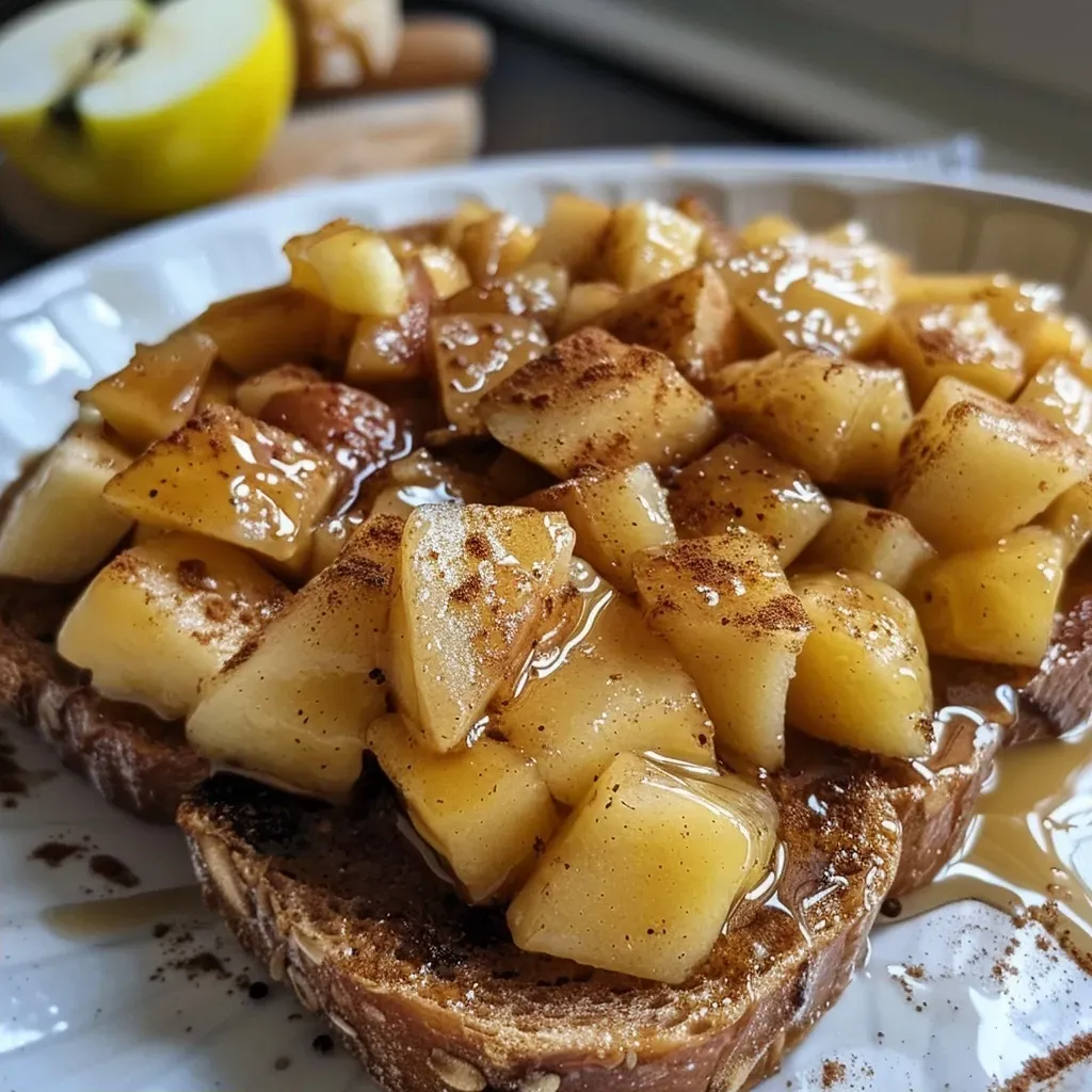 ['Close-up view of delicious apple pie toast topped with cinnamon apples and yogurt.', 'Side view of a toast slice featuring warm spiced apple filling and creamy yogurt.', 'Appetizing apple pie toast with diced apples, almond butter, and cinnamon on a toasted slice of bread.', 'Tasty apple pie toast garnished with plain yogurt and a drizzle of almond butter on a golden toast.']