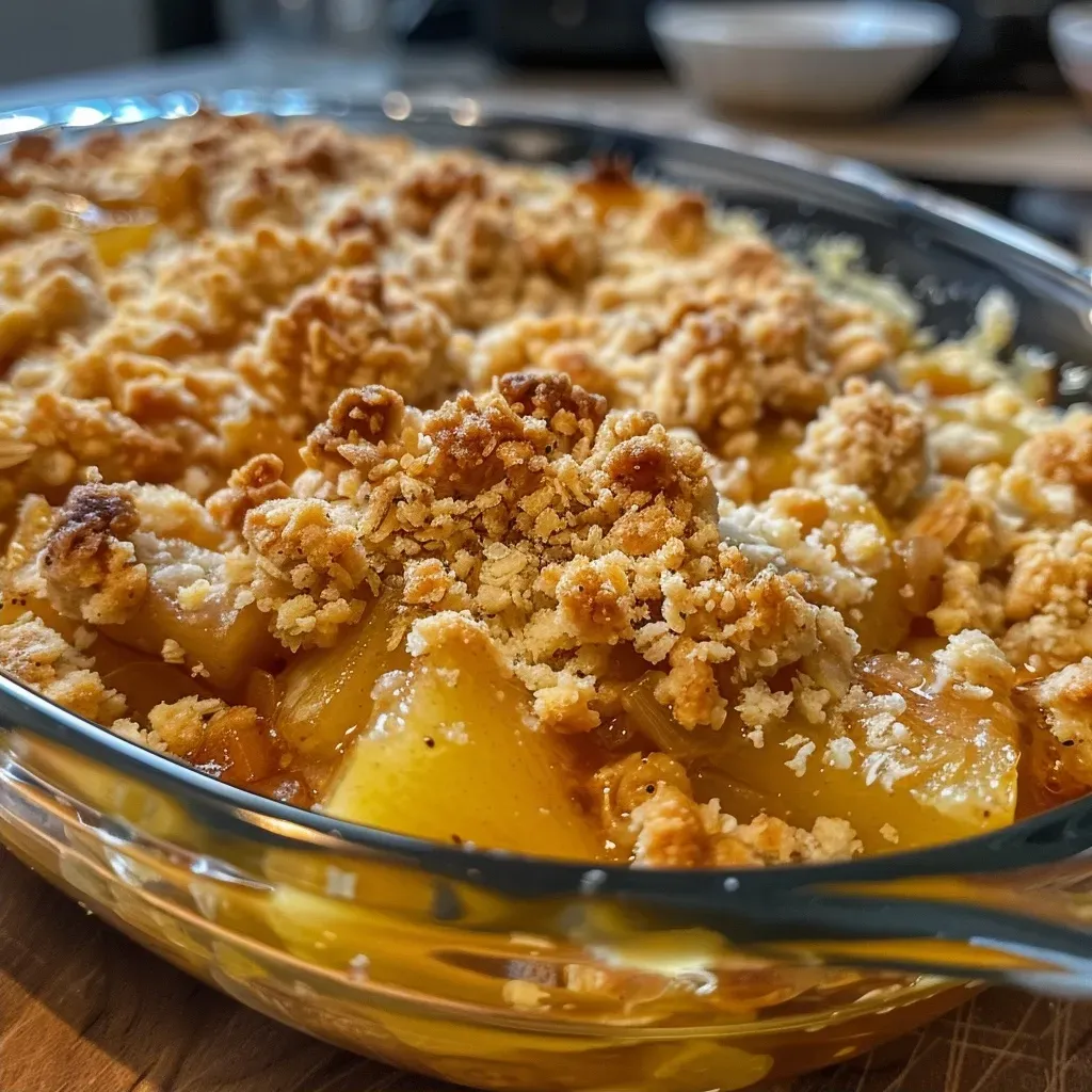 ['Close-up view of a delicious Apfel-Quitten-Crumble dessert topped with almonds.', 'Side profile of a homemade Apfel-Quitten-Crumble, showcasing its golden crust.', 'Juicy apple and quince crumble with a caramel drizzle and almond topping.', 'A serving of Apfel-Quitten-Crumble displaying warm, fresh ingredients and a crispy top.']