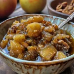 ['Close-up view of a jar filled with Apfel-Walnuss-Chutney, showcasing its rich, chunky texture.', 'Side view of a vibrant apple and walnut chutney in a clear jar, highlighting its ingredients.', 'A delicious-looking Apfel-Walnuss-Chutney with visible apple chunks and walnut pieces in a glass jar.', 'Detailed close-up of fresh Apfel-Walnuss-Chutney, showing the mix of apples, walnuts, and spices.']