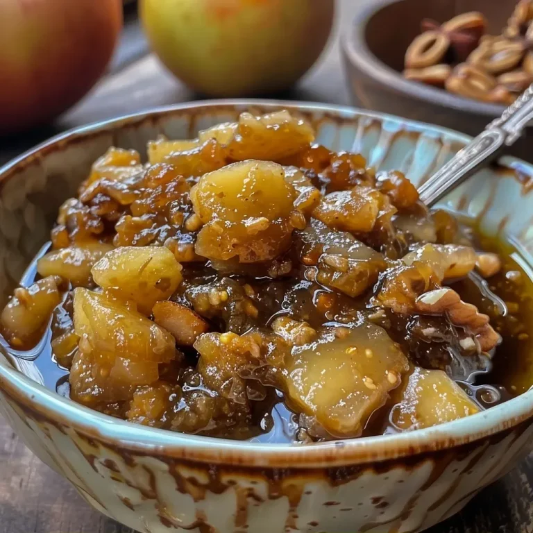 ['Close-up view of a jar filled with Apfel-Walnuss-Chutney, showcasing its rich, chunky texture.', 'Side view of a vibrant apple and walnut chutney in a clear jar, highlighting its ingredients.', 'A delicious-looking Apfel-Walnuss-Chutney with visible apple chunks and walnut pieces in a glass jar.', 'Detailed close-up of fresh Apfel-Walnuss-Chutney, showing the mix of apples, walnuts, and spices.']