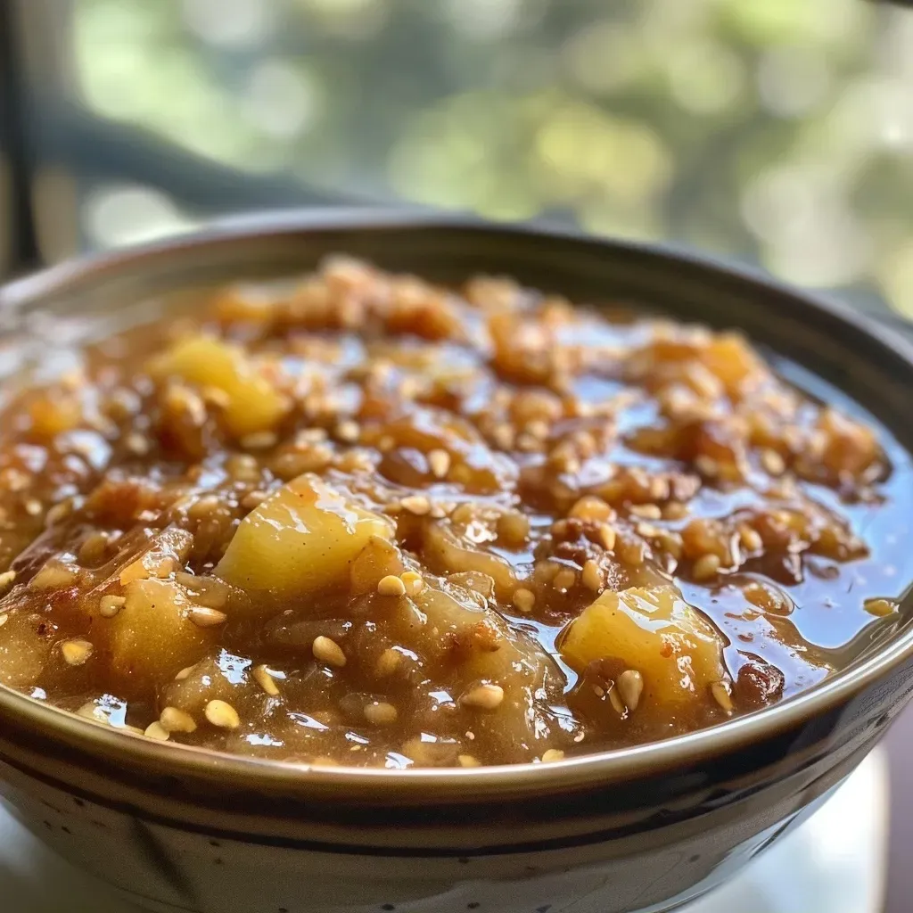 ['Close-up view of a jar filled with Apfel-Walnuss-Chutney, showcasing its rich, chunky texture.', 'Side view of a vibrant apple and walnut chutney in a clear jar, highlighting its ingredients.', 'A delicious-looking Apfel-Walnuss-Chutney with visible apple chunks and walnut pieces in a glass jar.', 'Detailed close-up of fresh Apfel-Walnuss-Chutney, showing the mix of apples, walnuts, and spices.']