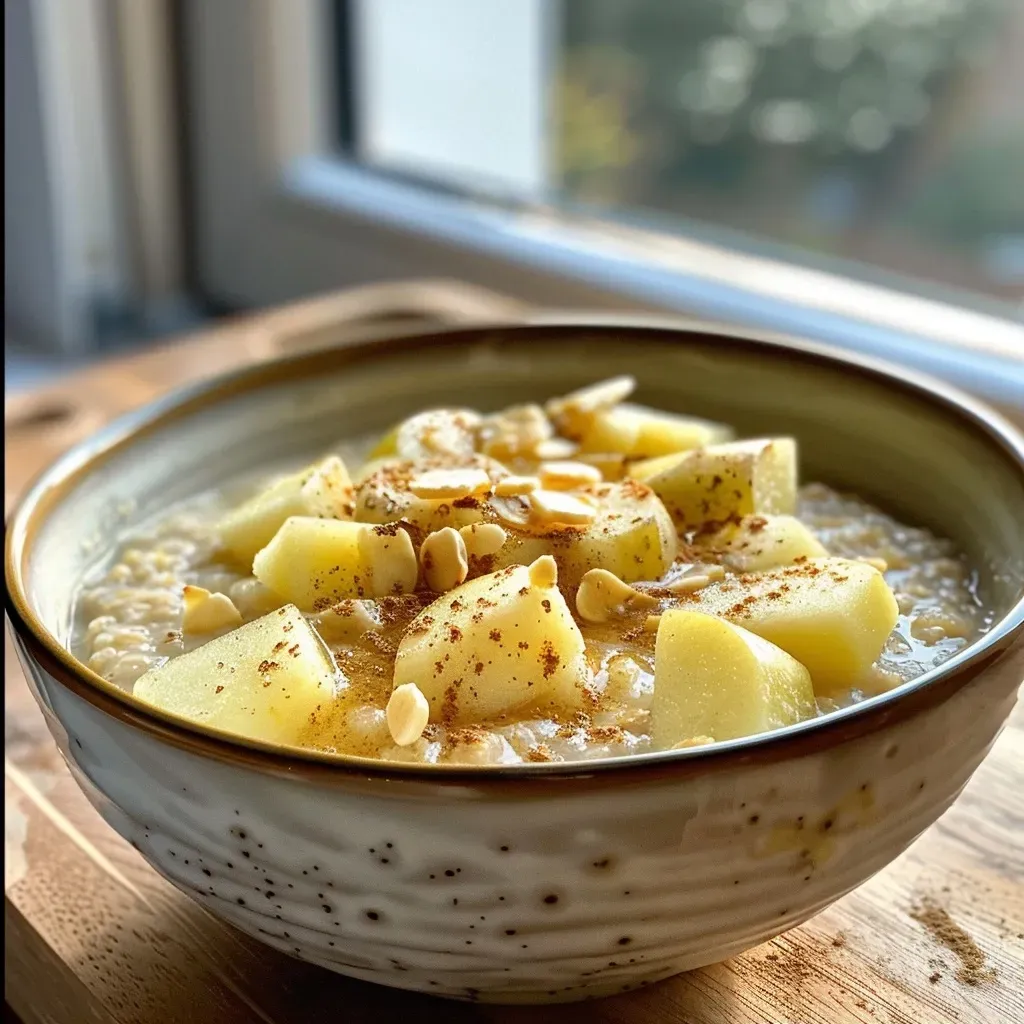 ['A close-up view of a bowl of Apfel-Zimt-Porridge topped with apple slices and a sprinkle of cinnamon.', 'Side shot of steaming Apfel-Zimt-Porridge in a white bowl, garnished with fresh apple pieces and a dash of cinnamon.', 'Close-up of a creamy bowl of Apfel-Zimt-Porridge with visible apple chunks and a hint of cinnamon.', 'Detailed view of Apfel-Zimt-Porridge showing texture, topped with sliced apples and a cinnamon sprinkle.']